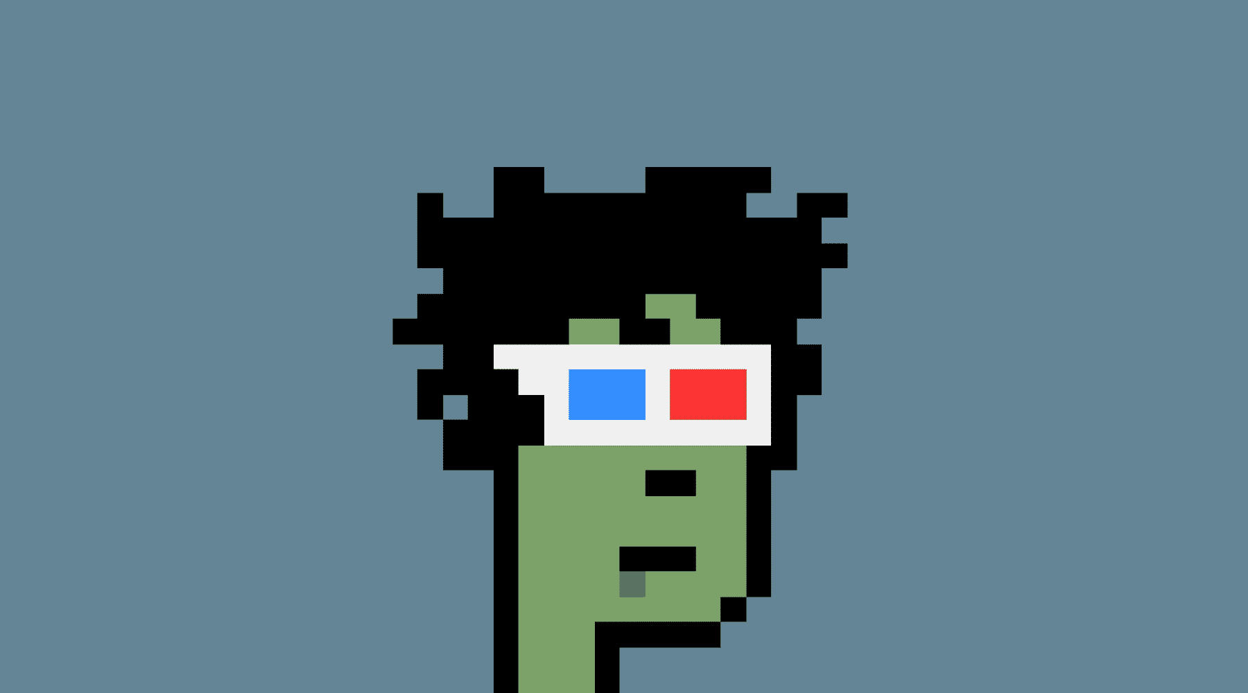 Larva Labs "CryptoPunk #8857" - пикселированный зеленокожий зомби-панк в сине-красных 3D-очках.