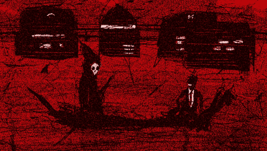 XCOPY "All-Time High in the City" - черно-красное изображение паромщика, перевозящего человека через реку Стикс.